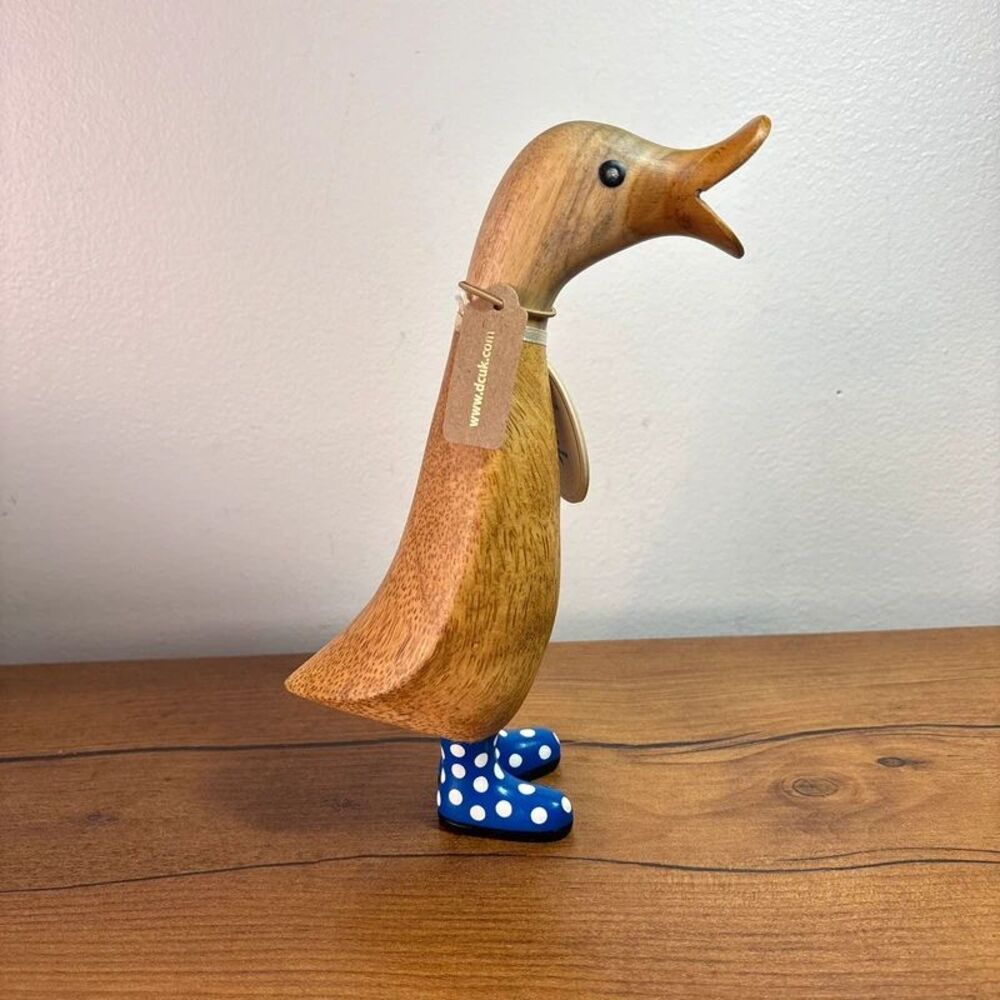 DCUK Wooden Duck Figurine Hand Carved Luke Blue Polka Dot Wellies Rain Boots
